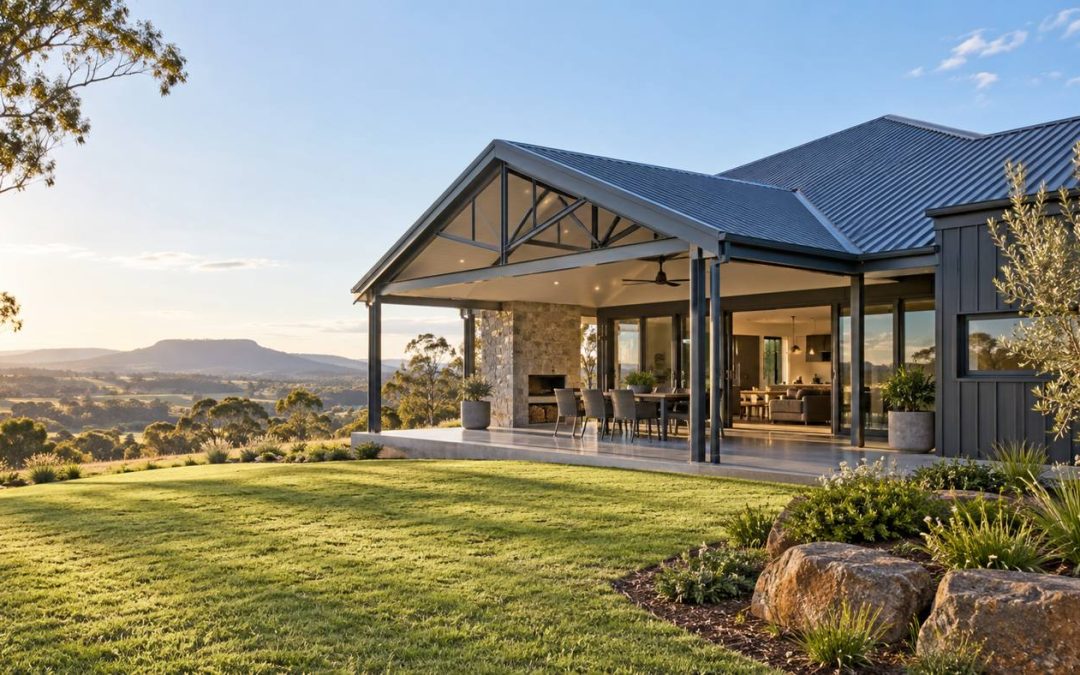 Contemporary steel frame custom home in the Toowoomba region with a covered outdoor living area and rural outlook.