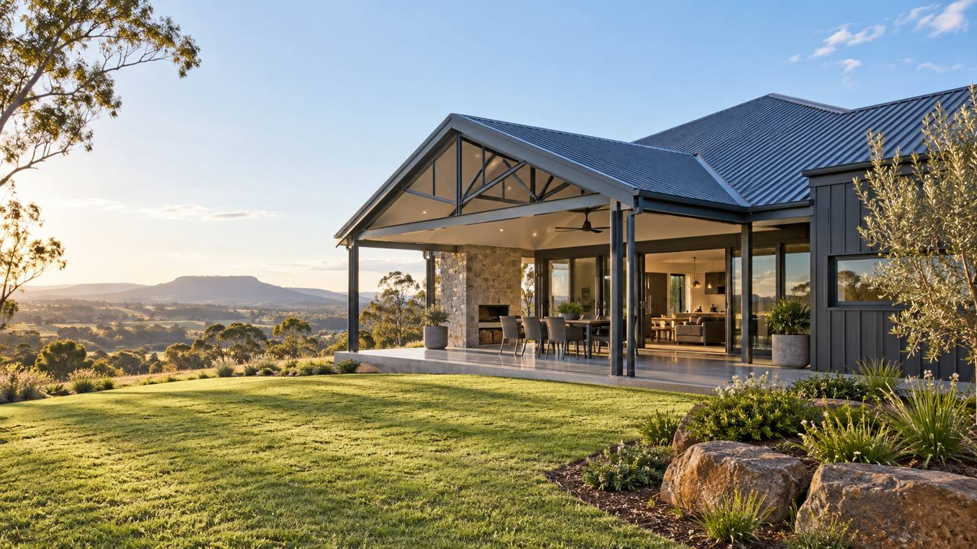 Contemporary steel frame custom home in the Toowoomba region with a covered outdoor living area and rural outlook.